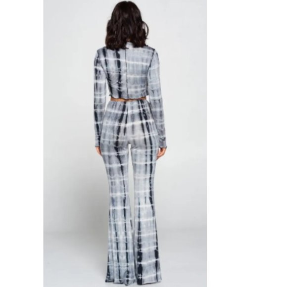 NWT Blue White Tie Dyed Long Sleeve Cropped Top & Pants Cry Me a River Coord SET - Picture 3 of 3